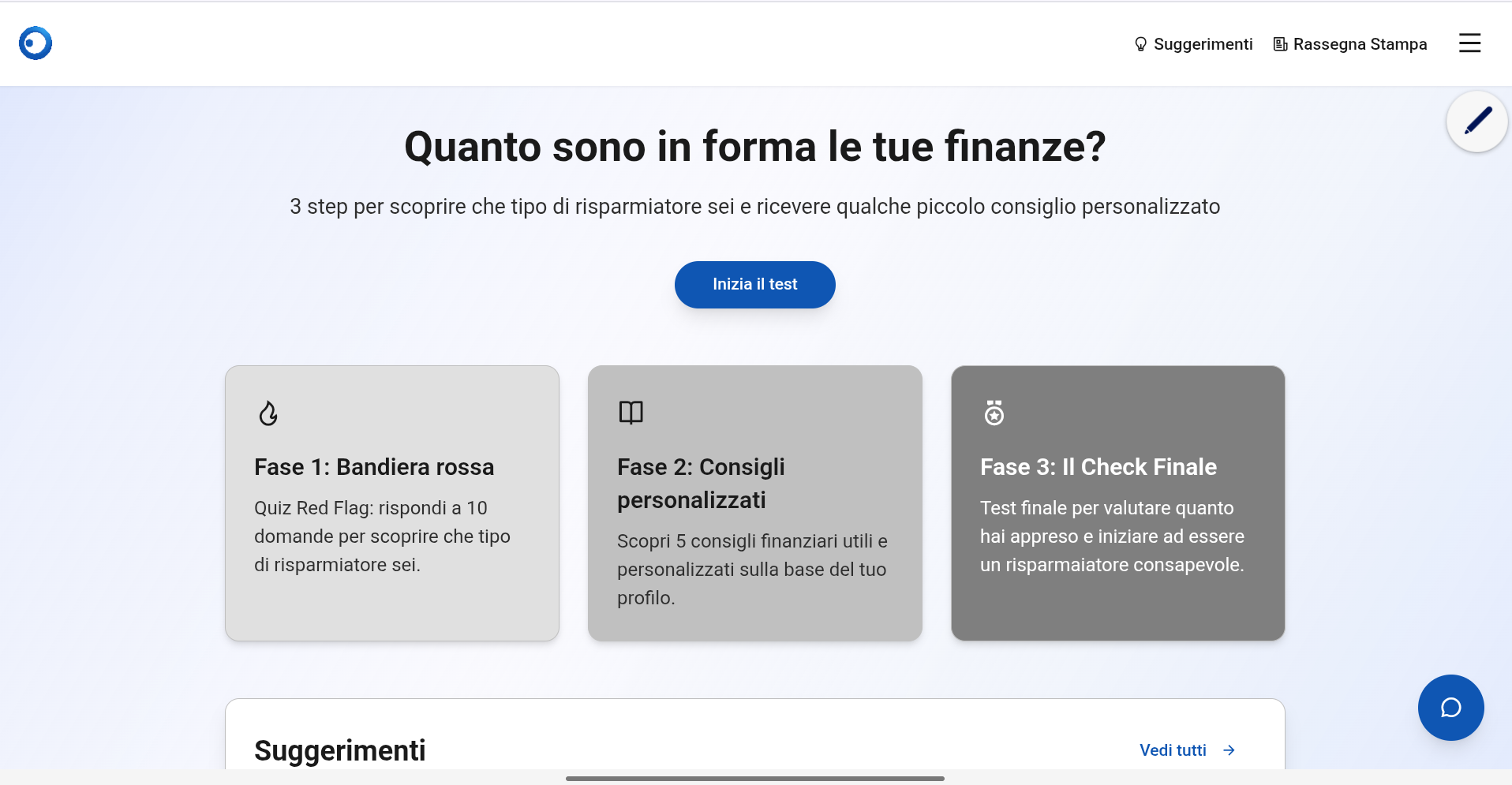 SaveUp Homepage - Test consapevolezza finanziaria