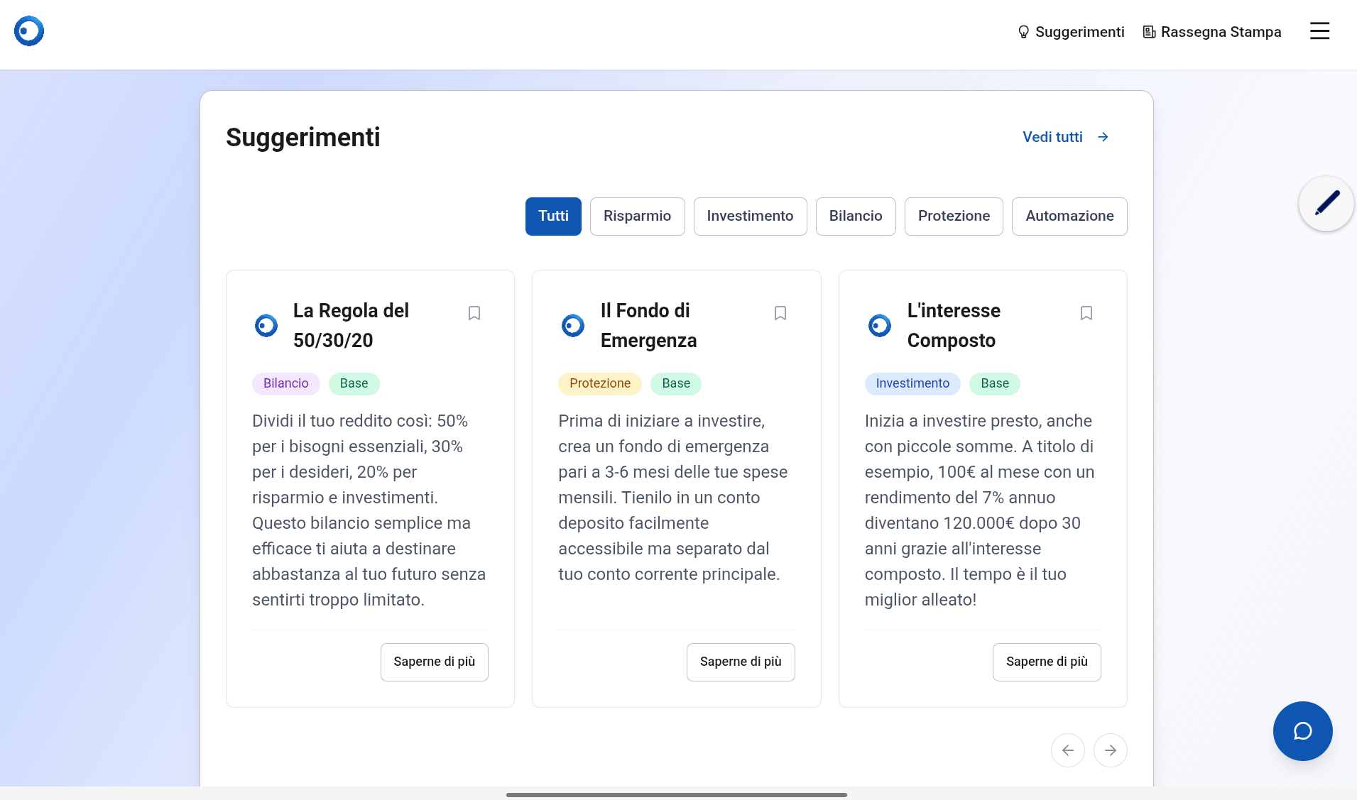 SaveUp Suggerimenti personalizzati